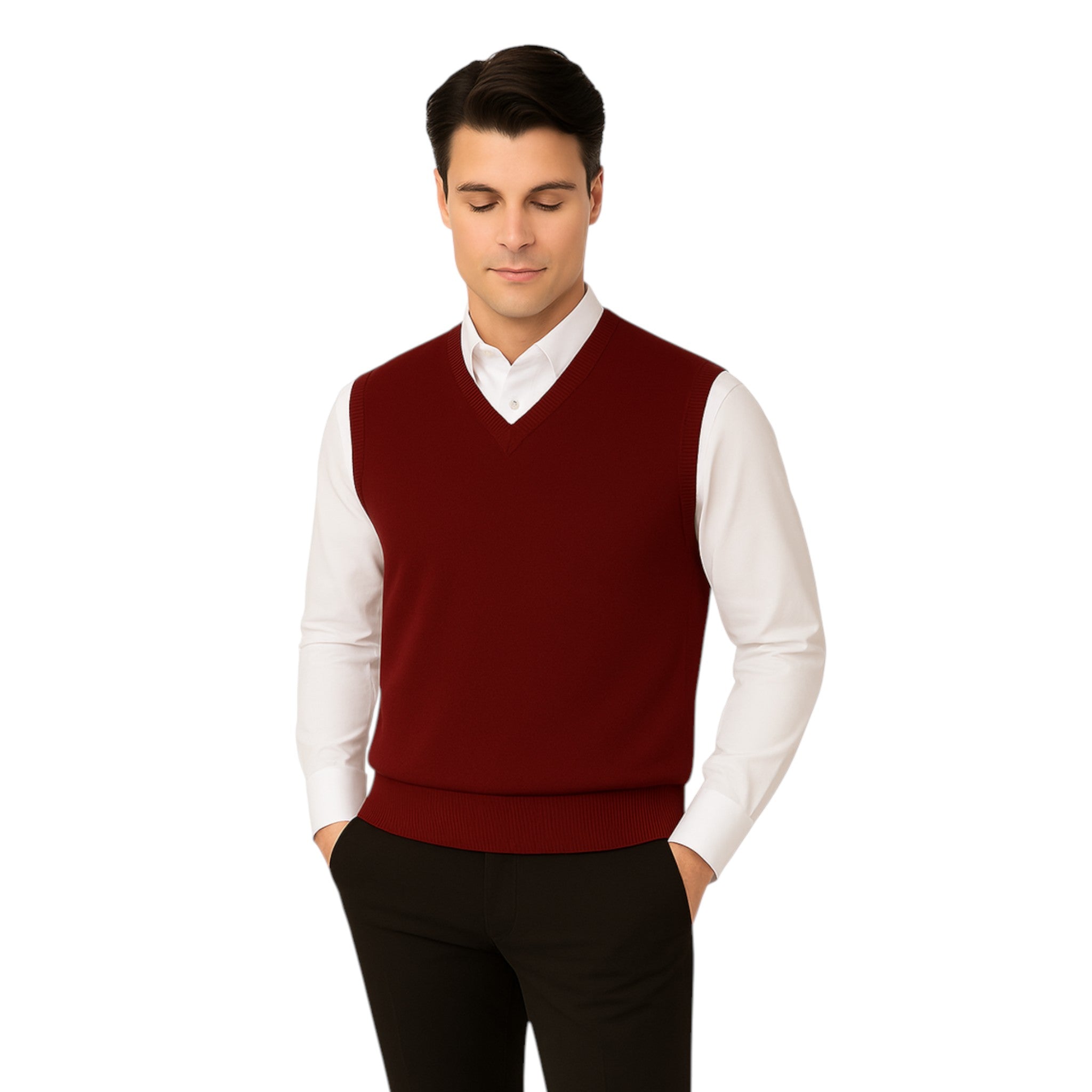 Men’s burgundy V-neck sleeveless jumper tank top – smart knit pullover